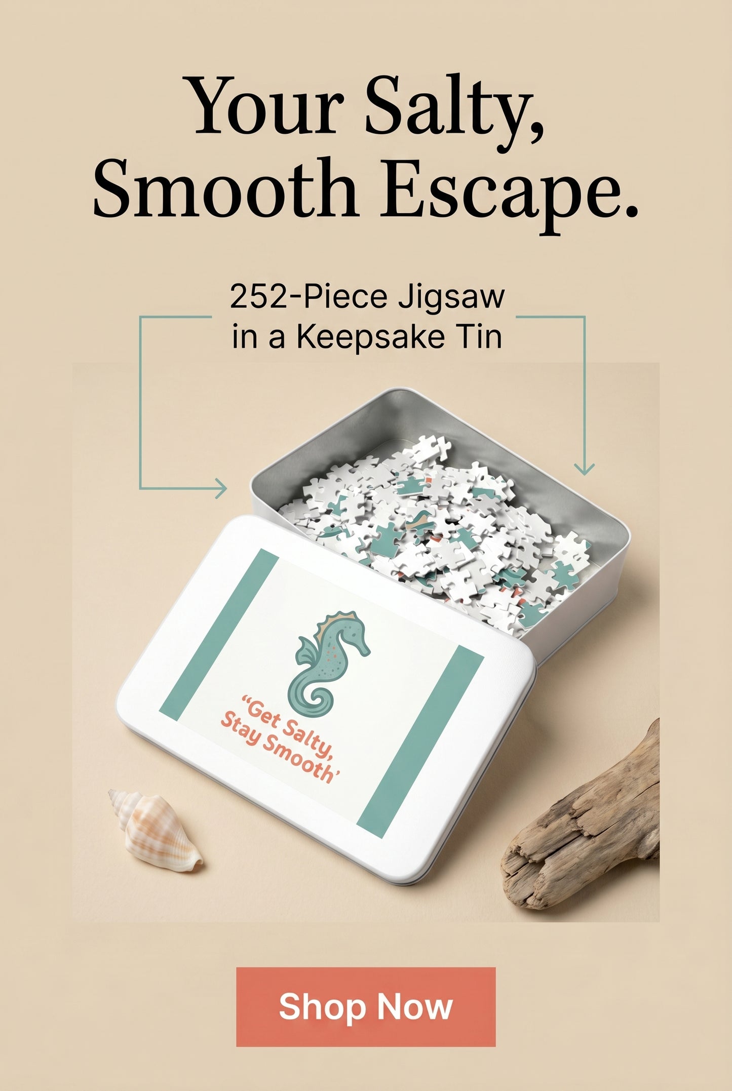 Seahorse Puzzle Tin – “Get Salty, Stay Smooth” 252-Piece Jigsaw Gift - Native Salt Scrubs