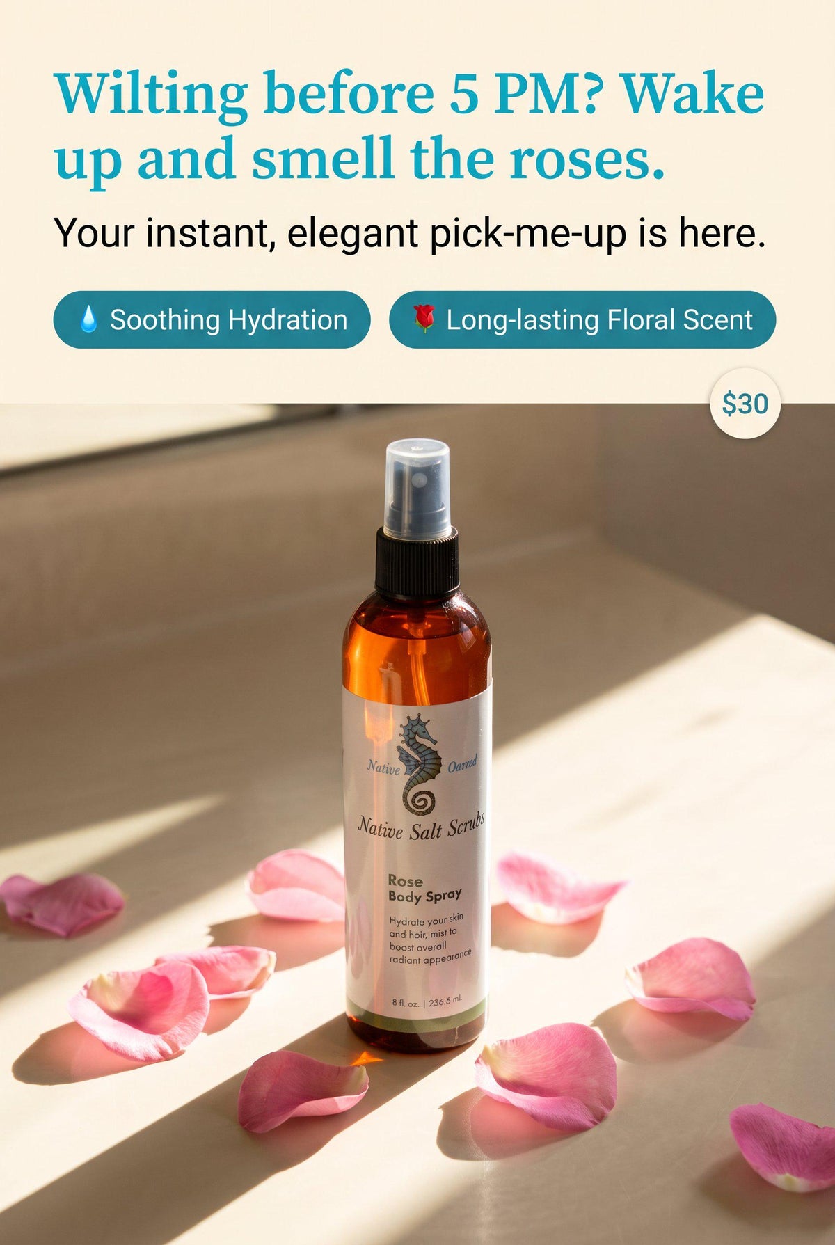 Rose Body Spray Mist, Hydrating Clear Body and Hair Refresh - Native Salt Scrubs