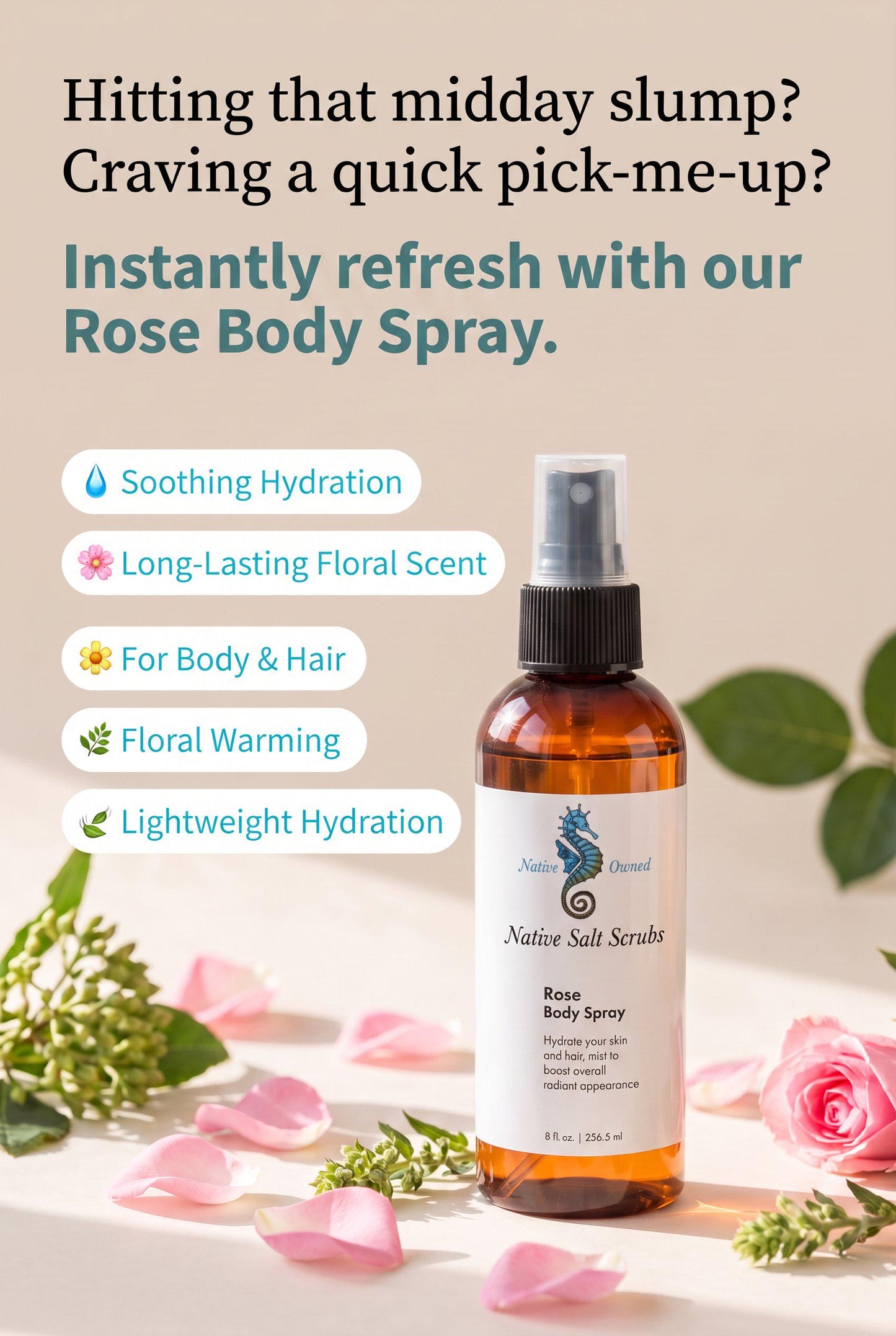 Rose Body Spray Mist, Hydrating Clear Body and Hair Refresh - Native Salt Scrubs