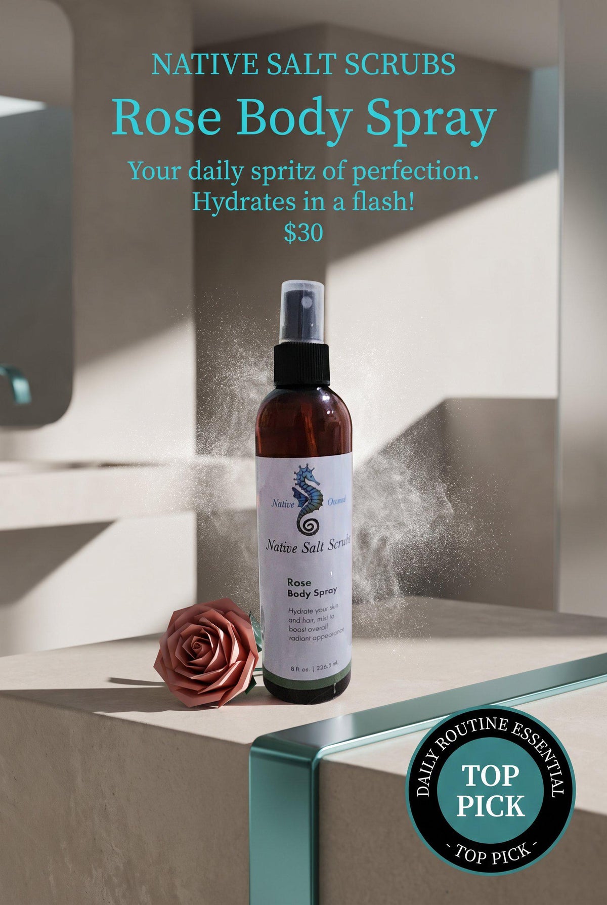 Rose Body Spray Mist, Hydrating Clear Body and Hair Refresh - Native Salt Scrubs